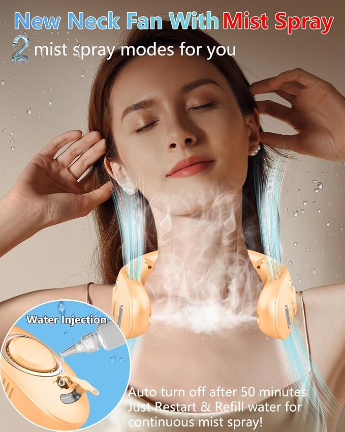 Misting Neck Fan Rechargeable,Battery Powered Folding Fan 5 Speeds,Portable Cooling Neck Fans that Blow Cold Air,Hands Free Fold Up No Blade Personal Fans for Your Neck Summer Best Gifts Apricot