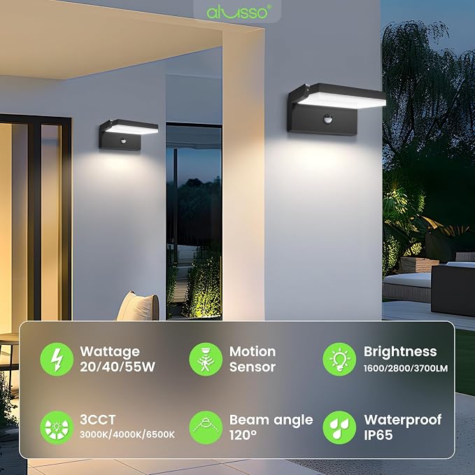 ALUSSO® 20W/40W/55W LED Outdoor Motion Sensor Wall Light, 3000K/4000K/6500K Aluminum Exterior Lighting Fixtures, 360° Rotatable Wall Pack Lights, IP65 Waterproof Sconce for Porch Patio Garage, Black