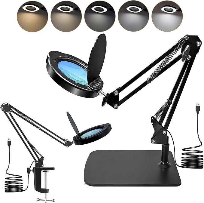 15X Magnifying Glass Desk Lamp with Clamp and Base, Real Glass Lens, 84 LEDs, 5 Color Modes Dimmable, Led Lamp Magnifier with Dust Cover, Clean Cloth, Ideal Gift for Seniors, Crafters, Hobbyists