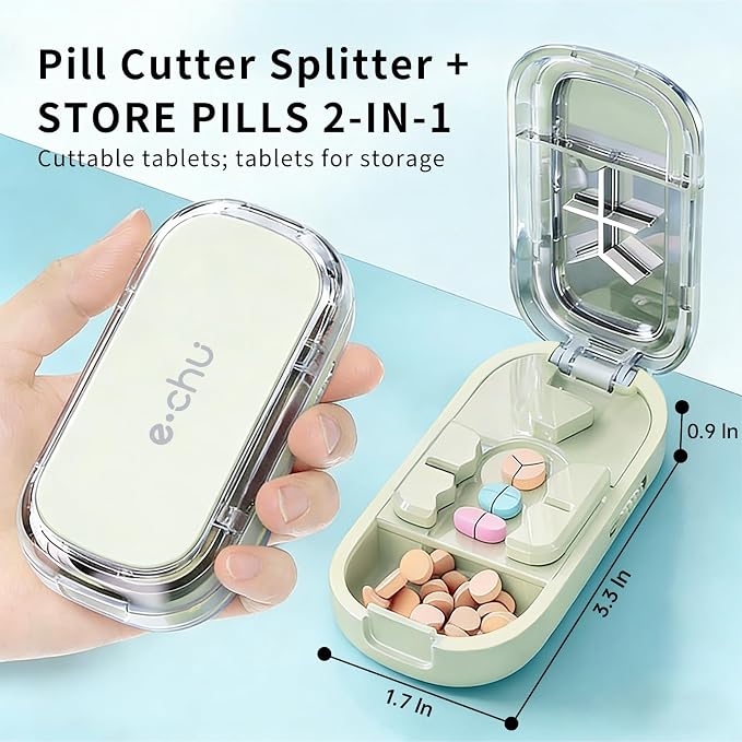Pill Cutter Splitter for Small and Tiny Pills - Adjustable Pill Cutter for 1/2 1/3 1/4 Quarter Split, Built-in Pill Case for Travel, Pocket, Safe for Medication, Not for Large Hard Vitamins (Green)