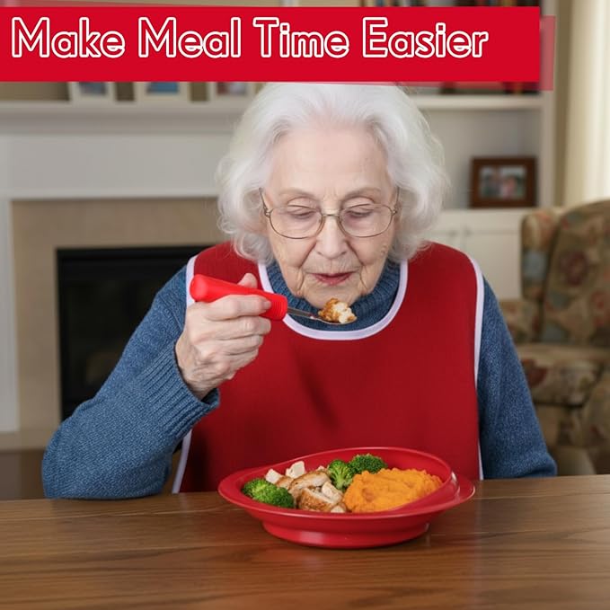 6 Pcs Adaptive Utensil with Bib Bowl Plate Set Weight Cutlery Gift for Christmas Elderly Disabled Arthritis Parkinson(Red)