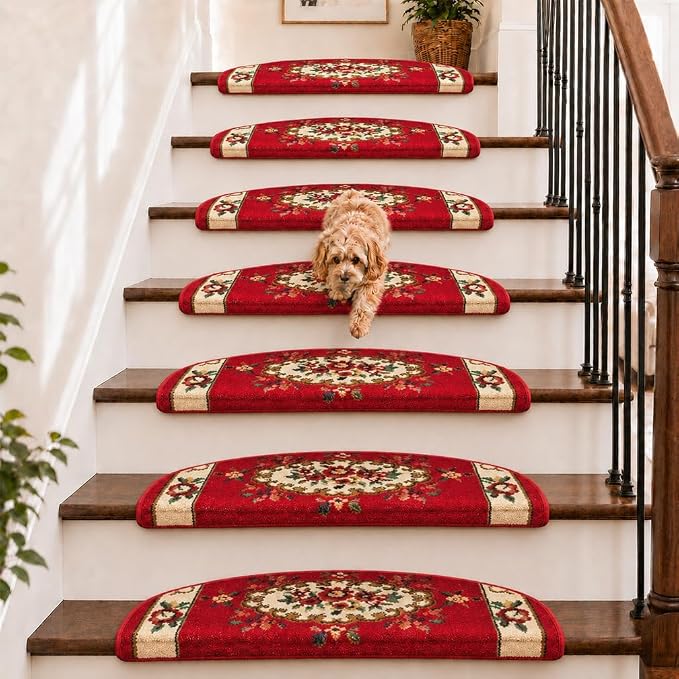 Rounded Bullnose Carpet Stair Treads for Wooden Steps Indoor, No Tape Non Slip Step Mats with TPU Backing & Steel Reinforced Edge for Dogs Elders,Ivory red,28