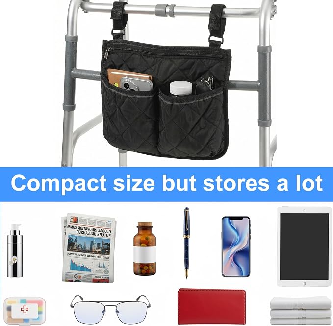 Walker Bag for Folding Walker Walker Basket with Reflective Safety Strips Foldable Wheelchair Storage Bag with 2 Adjustable Straps for Night Visibility Seniors Elderly