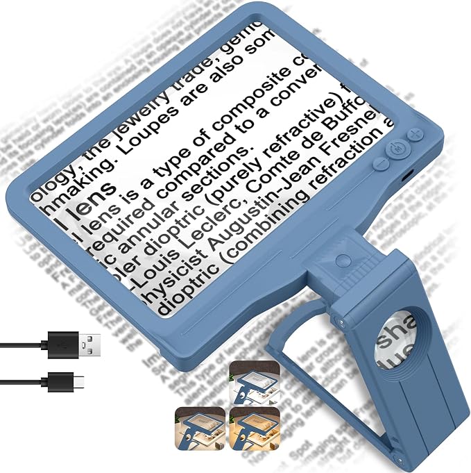 30X 6X Rechargeable Magnifying Glass for Reading, Large Full Page Magnifier with Folding Stand, 3 Color Light Modes, Dimmable LED Lighted, Hands Free Book Magnifier for Low Vision Seniors, Blue