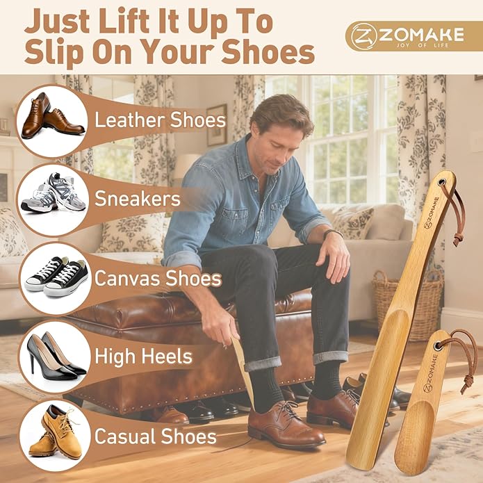 ZOMAKE Shoe Horn Long Handle for Seniors Men Women, Wooden Long Shoehorn Boot Horn, Travel Small Wood Shoe Spoon for Kids