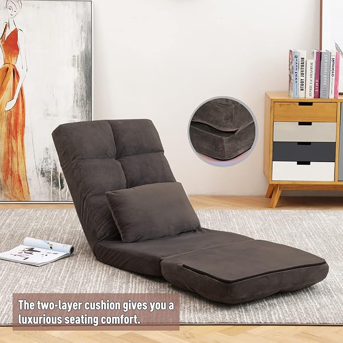Indoor Chaise Lounge Sofa, Floor Chair with Back Support for Adults, 14 Angle Adjustment Recliner Chair, Folding Floor Lounger with Pillow 8823(Brown)