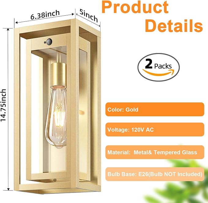 15" Motion Sensor Outdoor Wall Lights, Outdoor Sconces, 2 Pack | Dusk to Dawn, Large Size, Anti-Rust, Waterproof, Easy Installation, Gold Modern Exterior Lighting Fixtures for House Porch