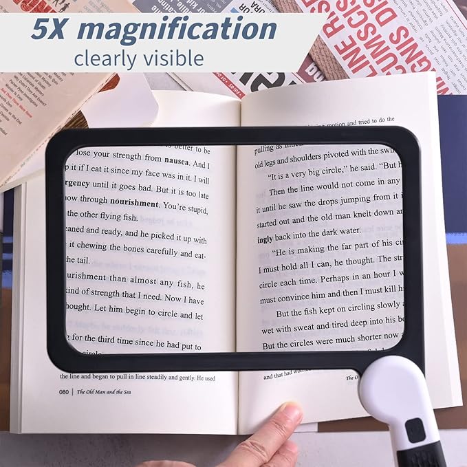Magnifying Glass with Light, Page 5X Folding Handheld Rectangular Magnifier with 48 Lights for Reading Books & Close Work, Ideal Lighted Magnifying Gift for Low Visions