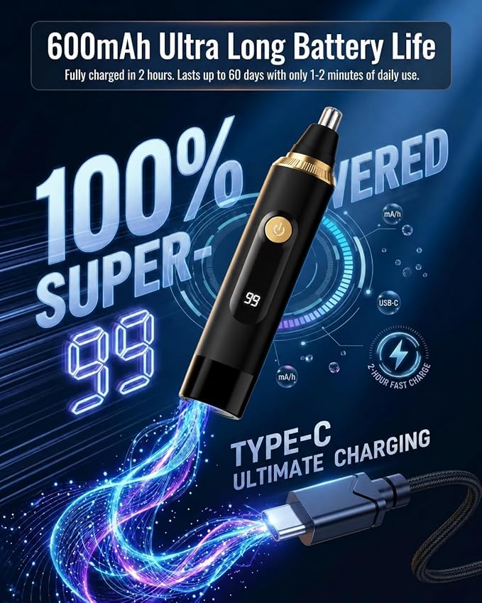 Nose Hair Trimmer for Men and Women,2026 Professional Painless IPX7 Waterproof Eyebrow & Facial Hair Trimmer,USB Rechargeable with LED Display Dual-Edge Blades,Black