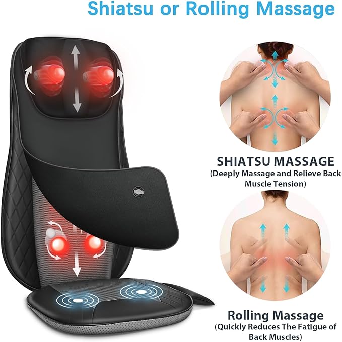 Shiatsu Neck & Back Massager with Heat, Massage Chair Pad Cushion for Stress Relief, Inflatable Flaps Back Support, Kneading or Rolling Chair Seat Massage