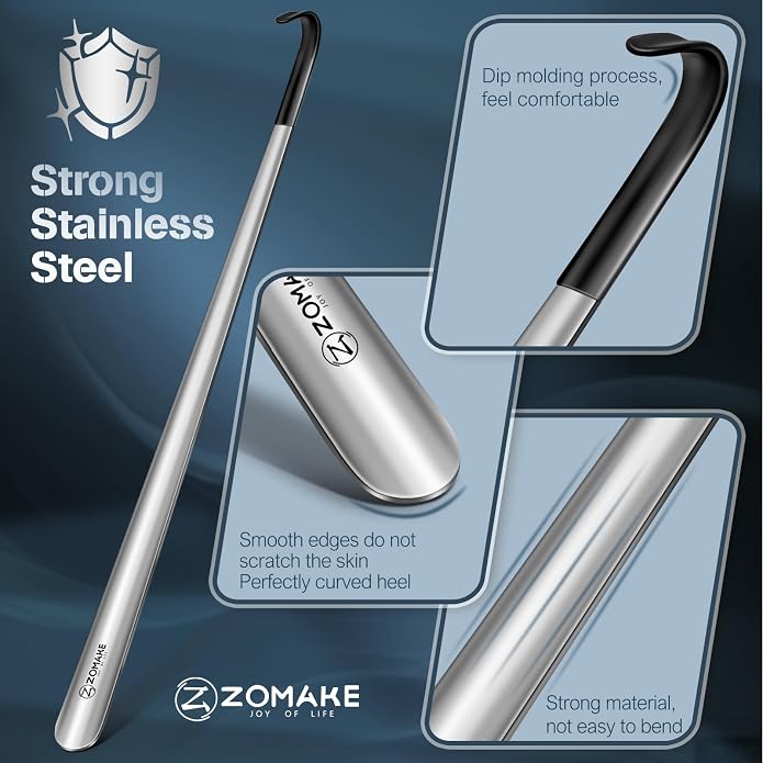 ZOMAKE Shoe Horn Long Handle for Seniors Men Women, Metal Shoehorn 16.5" | Stainless Steel Boot Horn Shoe Spoon Helper, Comfort Grip Handle, Smooth Edges, No Bending Required, Shoe Care for Daily Use