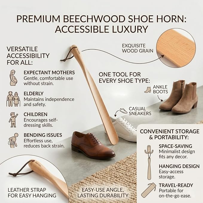 Bamber Wooden Shoe Horn Wood Shoehorn with Handle for Seniors Women Men Kids, 17.7'' Long, Beech Wood