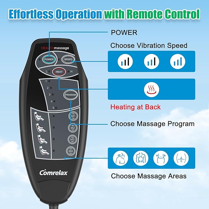 Portable Back Massager with Heat & Vibration - Deep Tissue Pain Relief for Shoulder, Back, Lower Back and Thighs - Office Chair Massage Pad, Ideal Gift for Men and Women