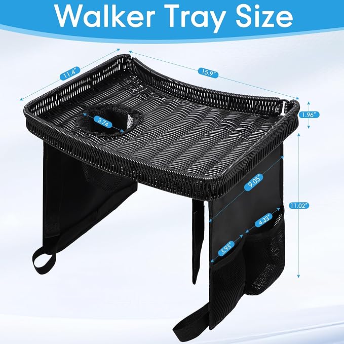 Handwoven Rattan Walker Tray for Folding Walker, Tray for Walker for Seniors Detachable with Cup Holder,Walker Accessories for Elderly,Tray Table Fits Most Standard Walkers (Black)