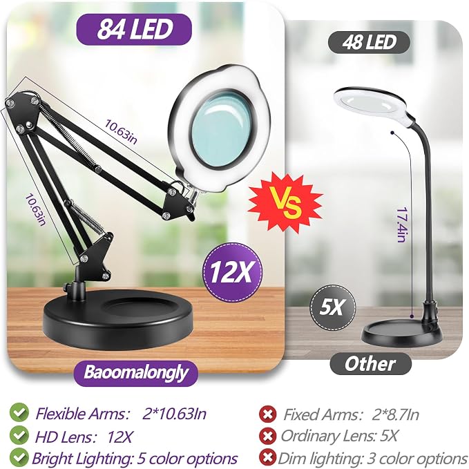 12X Magnifying Glass with Light and Stand, 5 Color Modes 10 Stepless Dimmable, Real Glass 84 LED Lighted Magnifying Glass with Swing Arm, Magnifying Lamp for Crafts Reading Painting Sewing Close Work