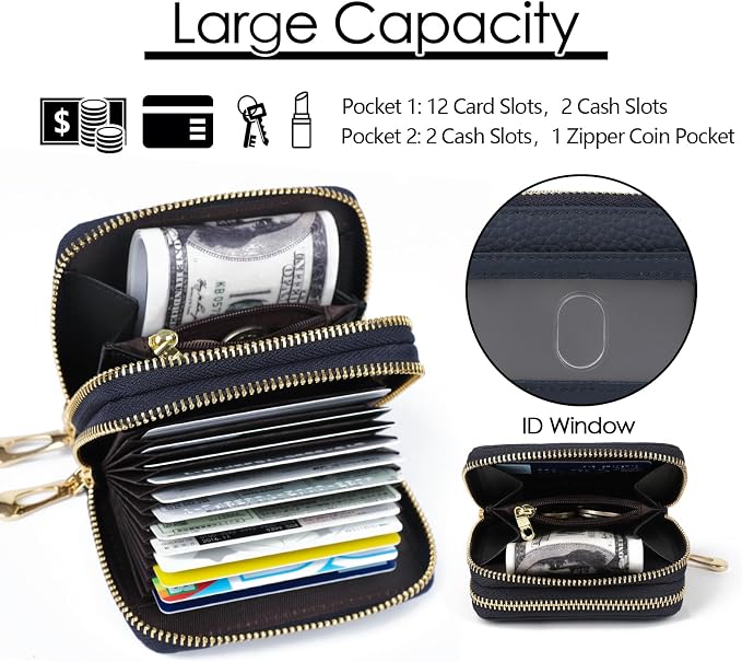 imeetu RFID Credit Card Holder, Small Card Wallet Women, Leather Card Case | Genuine Leather Women's Card & id Cases, Change Coin Purse with Zipper Keychain id Window, 20 Colors & 3 Styles, Daily, Gifts