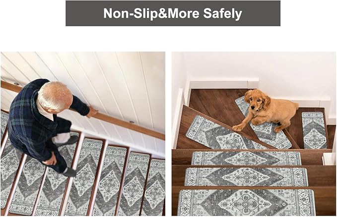OJIA Extra Non-Slip Stair Treads for Wooden Steps Indoor 15PC Stair Runners | 30"X8" Slip Resistant Stair Rugs Safety Mats for Dogs, Kids & Elders, Rubber Backed Stair Treads Stair Covers, Gray