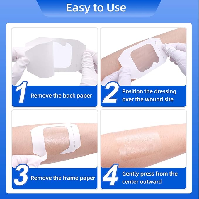 Niceful Transparent Film Dressing 30 Count-Clear Bandages for Wounds 4“x4-11/16, Waterproof Adhesive Wound Cover Bandages for Post Surgical Shower or IV Shield, Scar Therapy, Tattoo Dressings