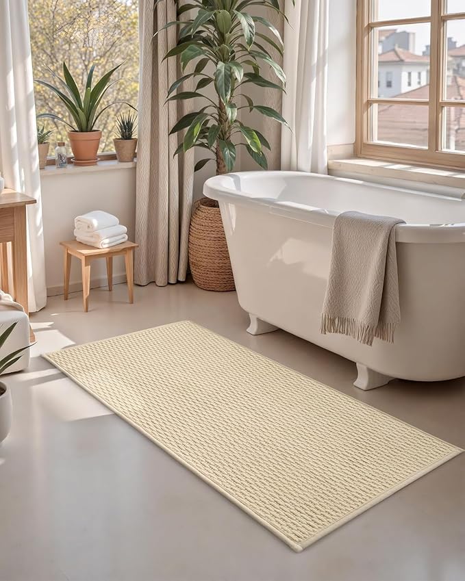 Color&Geometry Bathroom Rugs with Rubber Backing, Non Slip Machine Washable Bath Mat, Soft Absorbent Chenille Boho Carpet for Bathroom Floor, Tub and Shower,24"x36", Khaki