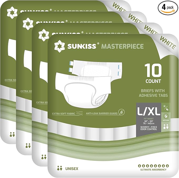 SUNKISS Masterpiece Adult Diapers with Tabs, Unisex Disposable Incontinence Briefs for Women and Men, Odor Control, White, Large/XLarge, Previously Large, 40 Count (4 Packs of 10)