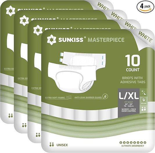 SUNKISS Masterpiece Adult Diapers with Tabs, Unisex Disposable Incontinence Briefs for Women and Men, Odor Control, White, Large/XLarge, Previously Large, 40 Count (4 Packs of 10)