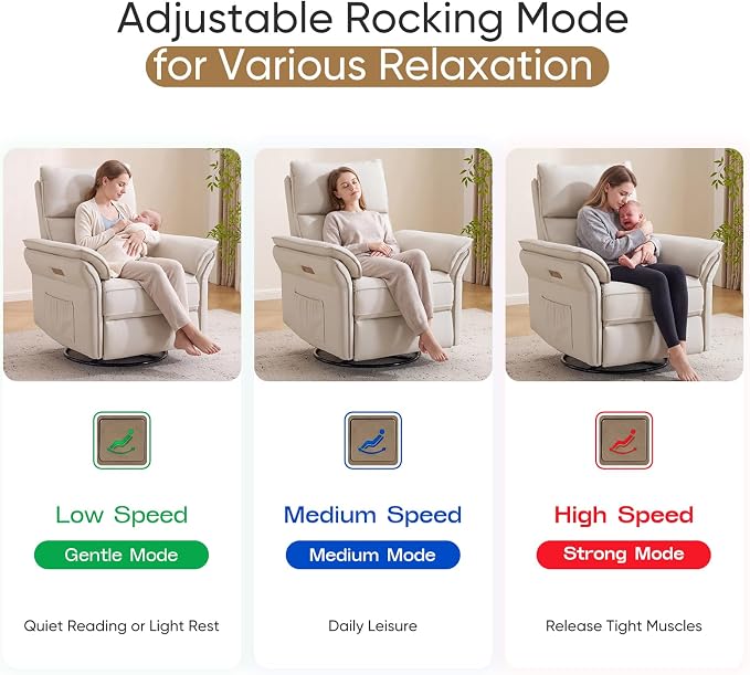 Power Nursery Recliner with Auto Rocking,Oversized Swivel Rocker Recliner with Massage and Heat,Glider Recliner Nursery Chair with Adjustable Headrest for Living Room and Bedroom,Faux Leather，Beige