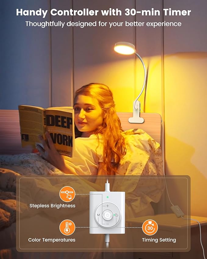 Glocusent 5W 36 LED Reading Clip on Light for Bed, Eye Caring Bed Lamp, 3 Colors & 5 Brightness Levels for Headboard with Adapter, Perfect for Reading, Working & Studying (White)