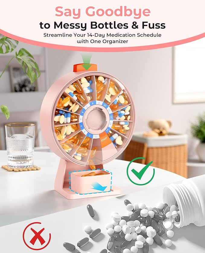 Daviky Daily Pill Dispenser, Large Capacity 14-Day Pill Organizer Box | Push Button Dispensing, Easy Open, Wall-Mounted or Standing, 14 Compartments, Senior-Friendly, for Medication & Vitamins