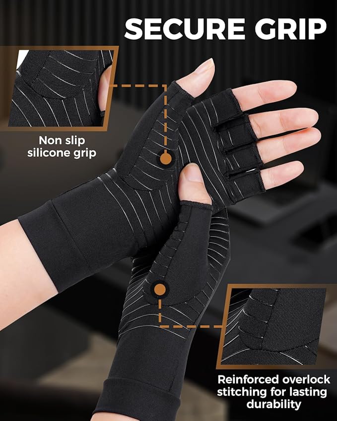 Copper Compression Gloves for Arthritis - Open Finger, Set of 2 Pairs (4 Gloves) - For Men & Women, Hand Support for Typing & Daily Wear, Helps Ease Stiffness & Swelling