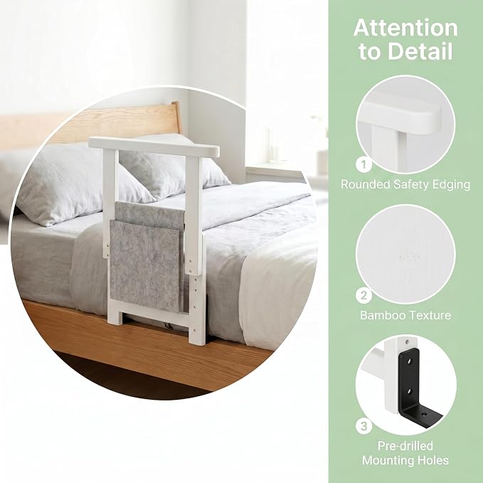 Bamboo Bed Assist Rail for Seniors Adjustable Grab Bar 300lbs White | Non-Slip Handle, Storage Pocket, Fits 4–12 inch Mattresses, Fits Twin, Full, Queen & King Beds