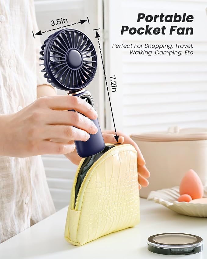 coldSky Portable Handheld Fan, 4000mAh Battery Operated Fan with LED Display, Handheld/Neck/Desk 3 in 1 Personal Small Fans, 90° Foldable Desk Fan with Base, 5 Speed Makeup Lash Fan for Women Blue