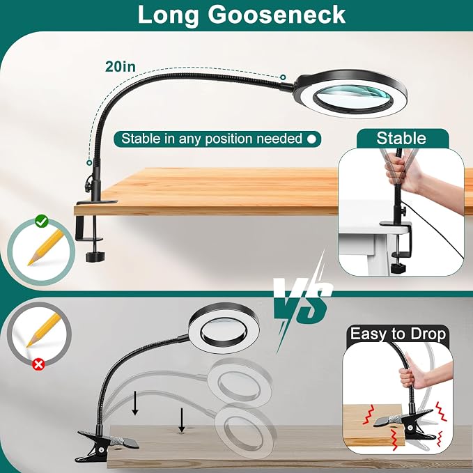 IVMAIE 15X Magnifying Glass with Light and Clamp, 5 Inch Real Glass Magnifying Desk Lamp with Stand, Long Gooseneck, 5 Color Modes Lighted Magnifier Hands Free for Crafts Painting Jewelry Close Work