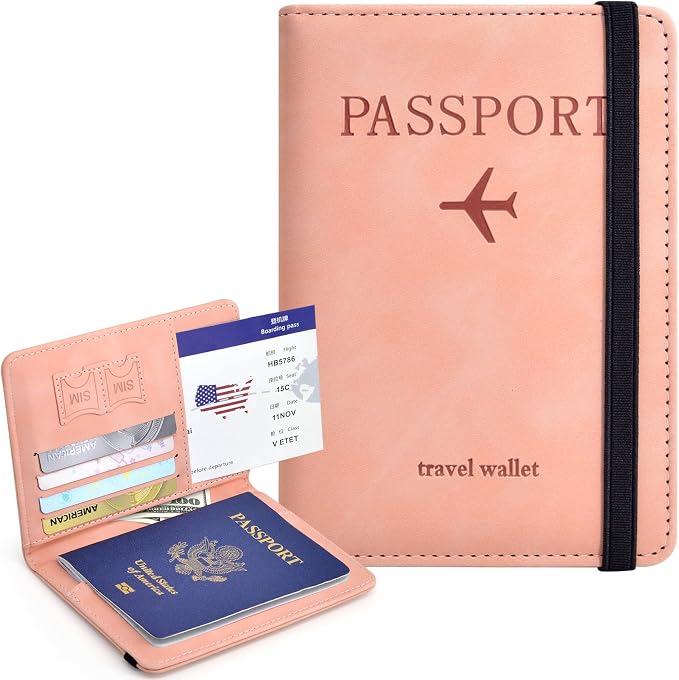 Passport Holder, Passport Cover with Credit Card Slot and Boarding Pass Slot Combo, Passport Wallet Case Book Travel Must Have, RFID Blocking Leather Travel Accessories, Pink