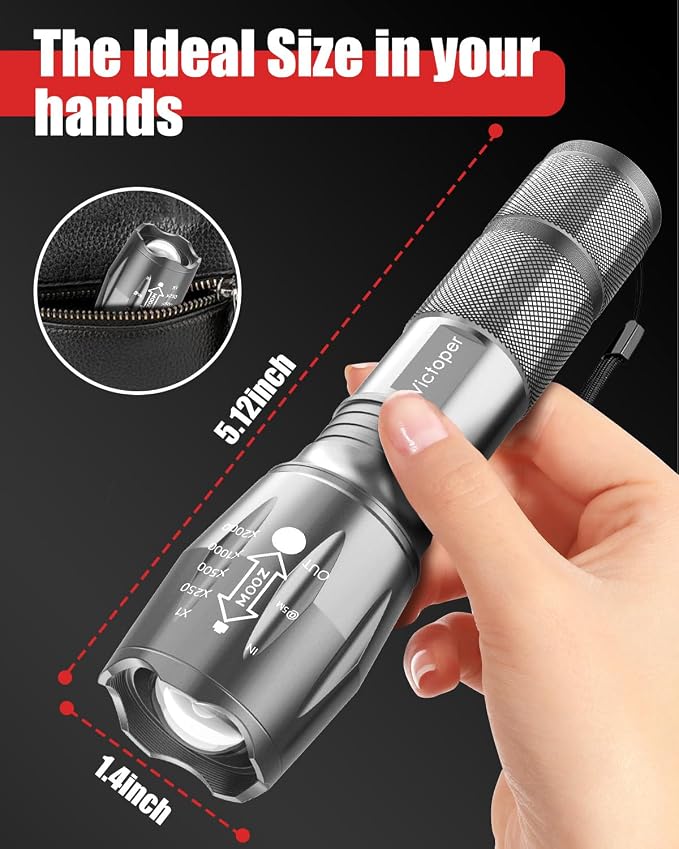 Victoper LED Flashlight 2 Pack Grey, Bright High Lumens Tactical Flashlights High Lumens with 5 Modes, Waterproof Zoomable Flash Light for Outdoor, Gifts for Father's Day Camping Essentials Gear