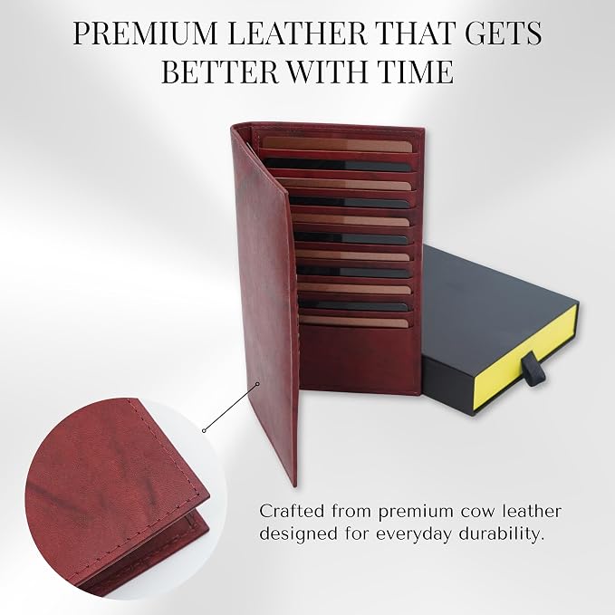 20 Card Wallet for Men, Long RFID Leather Credit Card Holder, Burgundy | 2 Bill Compartments | ID Window | Open Bifold | Organized Carry | Jacket Friendly