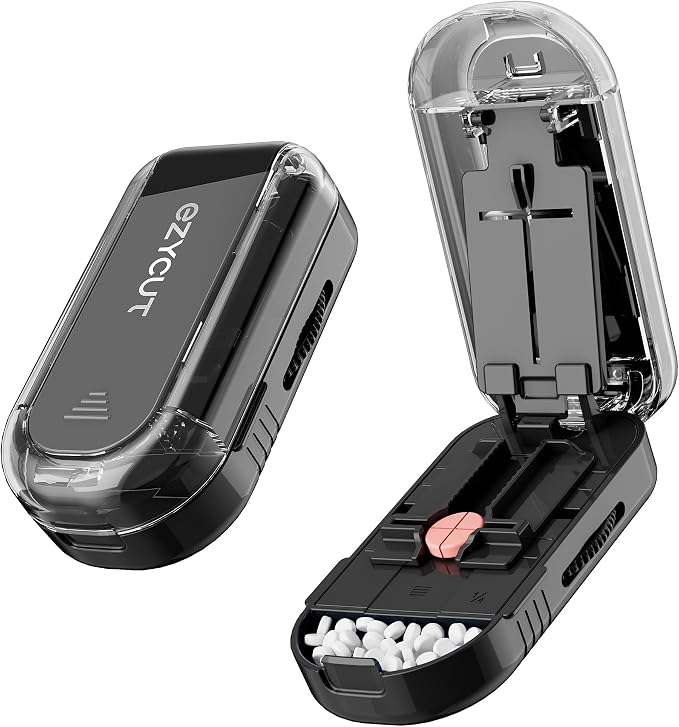 Sukuos Pill Cutter 1/4 & 1/2 – Black Tablet Splitter with Stainless Steel Blade, Precise Cut for Small/Large Pills, Vitamins, Supplements, Medications, Portable & Sleek