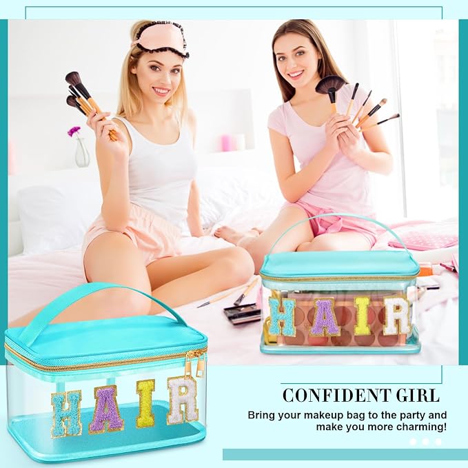 Geetery Chenille Clear Makeup Bag, Green Hair Bag Cosmetic Case Nylon Makeup Portable Preppy Patch with Handle Zipper Toiletry Storage Case Waterproof Pink Hair Patch for Women