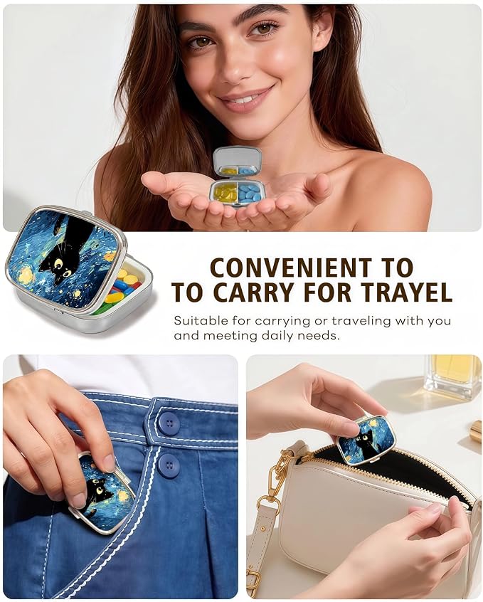 LRITER Pill Case, 2 Compartment Portable Small Travel Pill Organizer for Purse and Pocket, Stylish Medicine Case with Multiple Patterns, Daily Pillbox for Home & Travel (Blue Starry Sky Cat)