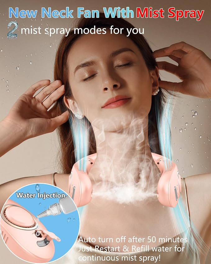 Misting Neck Fan,Personal Cooling Fans that Blow Cold Air Rechargeable,Collapsible Cordless Headphone Design Neck Fan Mister,Best Cold Small Noiseless Breeze Around the Neck Cooler Tool Pink
