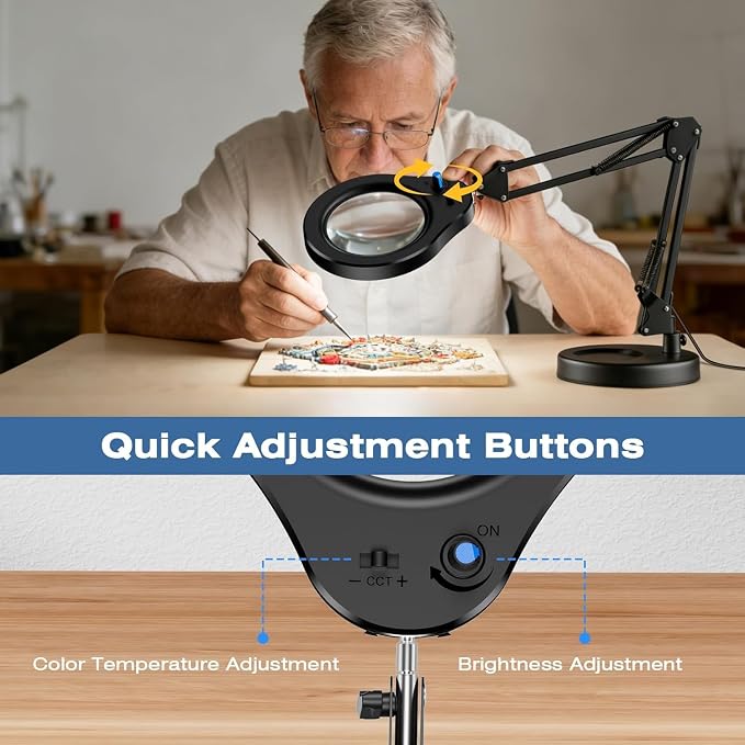10X Magnifying Glass with Light and Stand, 5 Color Modes Stepless Dimmable LED Magnifier, Hands Free Desk Lamp with Clamp for Close Work Craft Reading Repair
