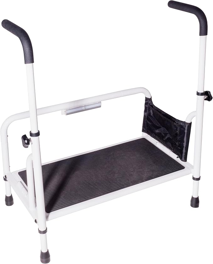 Stander Step-Stool, Free-Standing Step with Adjustable Handles for Seniors and Elderly Adults, Extra Wide Heavy Duty Step-Ladder for Fall Prevention, Grab Bars, Motion Activated LED Light, White