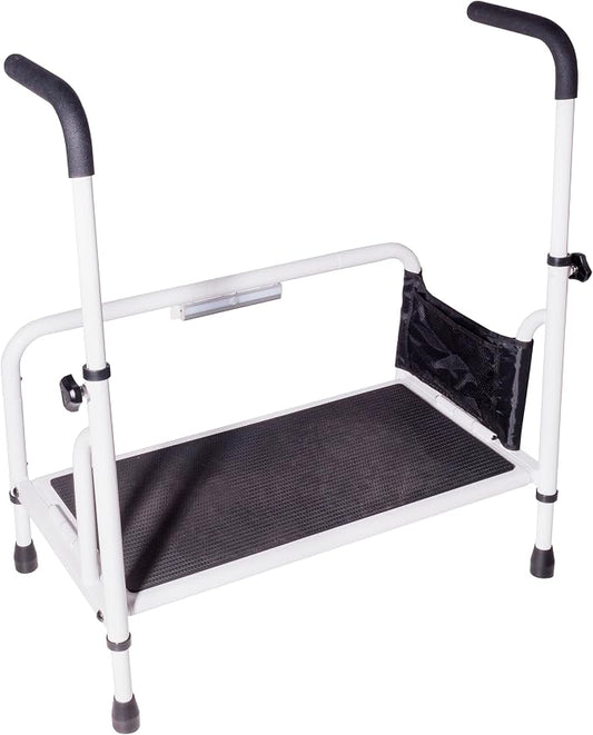 Stander Step-Stool, Free-Standing Step with Adjustable Handles for Seniors and Elderly Adults, Extra Wide Heavy Duty Step-Ladder for Fall Prevention, Grab Bars, Motion Activated LED Light, White