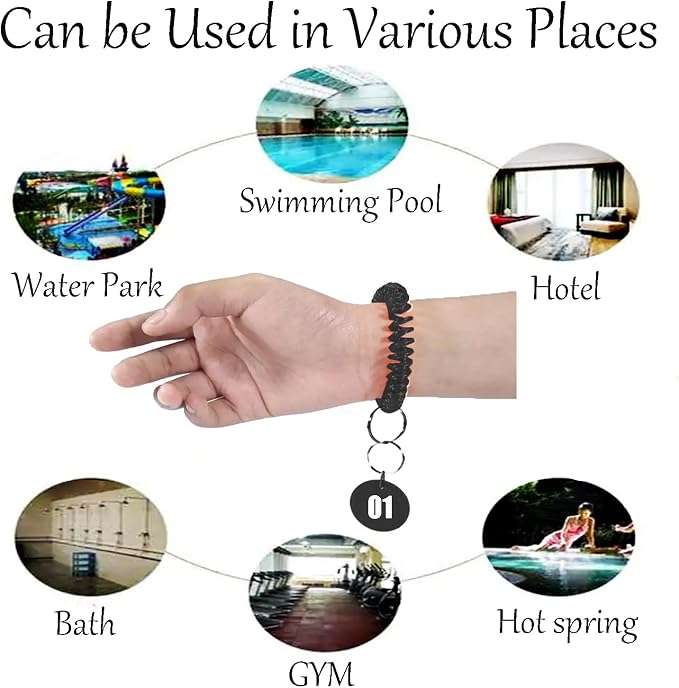 10 Pieces Wrist Coil Keychain Spiral Key Ring, Solid Black | Wristband Bracelet Key Holder for Pool Gym ID Badge