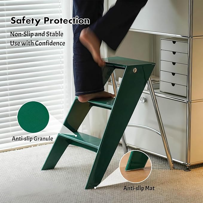 Acrylic 3 Step Ladder Folding Step Stool for Adults Foldable Small Step Stool Ladder for Kitchen Plastic Stepladder Modern Collapsible Ladder for Closet Home Bathroom Indoor (Green)