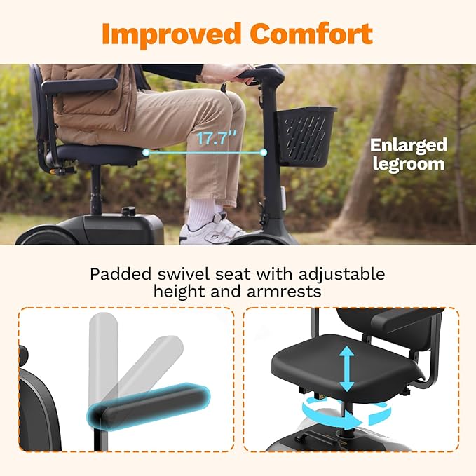S1 Mobility Scooter for Adults, 4-Wheel Electric Mobility Scooter – 25-Mile Range, 6 mph, Smart Safety Features, Spacious Legroom, Swivel Seat, Headlight & Basket, Charger Included – Dark Gray