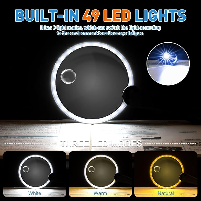 15X 30X 45X Rechargeable Magnifying Glass with Light(LCD Display) | Battery Level Indicator, 49 Anti-Flicker LEDs, 5.2" Large Handheld Magnifier for Seniors Reading Coin & Jewelry Inspection