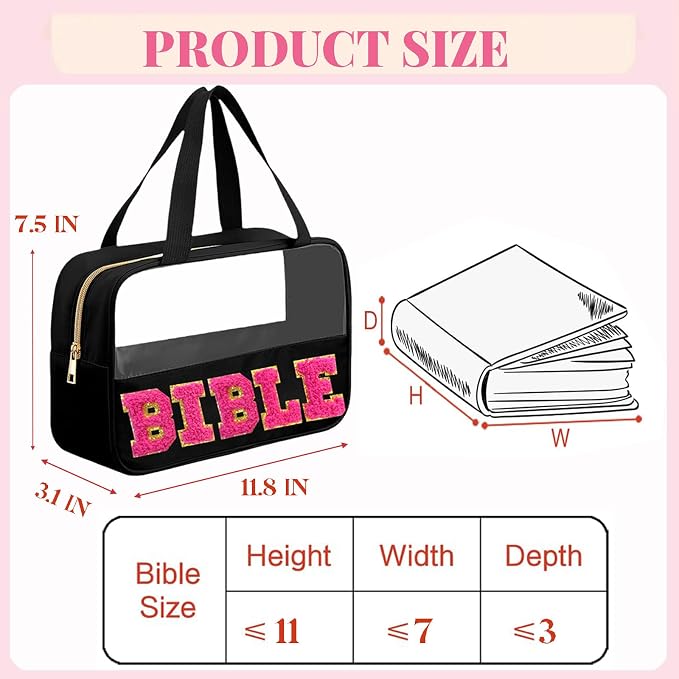 Chenille Pink Letter Bible Bag for Study Supplies Bible Cover Case for Women Girl, Church Bag for Bible Accessories with Handle and Zipper, Christian Gifts