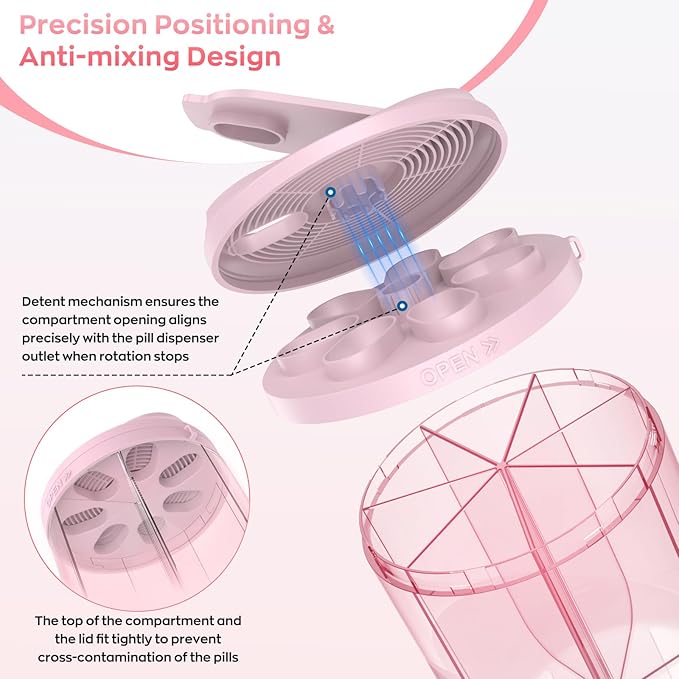 Pill Dispenser with 7 Large Compartments, Pill Organizer for Travel, Supplement Organizer with Anti-Mixing Design, Pink+ Black