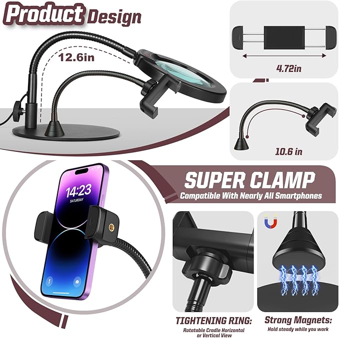 10X Magnifying Glass with Light and Phone Holder, 5 Color Modes Stepless Dimmable LED Lighted Desk Lamp with Stand, Hands Free Magnifier with Flexible Goose-Neck for Craft Hobby Painting, Black