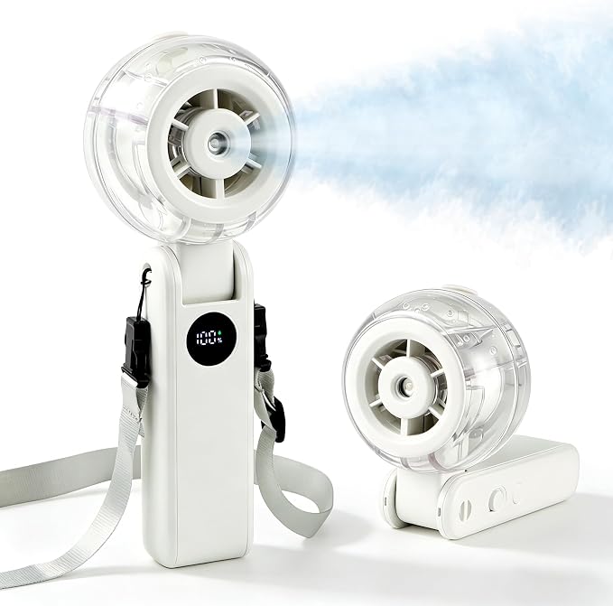 Personal Misting Fan, Rechargeable Handheld Spray Fan | 100-Speed Adjustable Cooling Fan with Water Mist Spray, Foldable Design, Lanyard Included for Outdoor Camping & Travel
